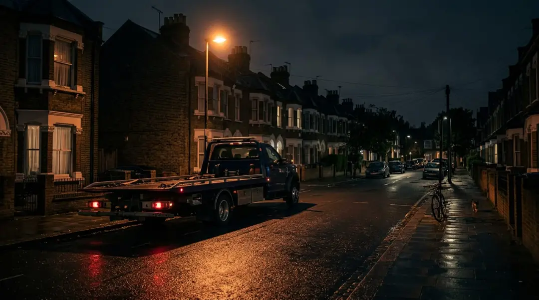Flatbed recovery truck parked under a streetlight on a quiet South London street at night