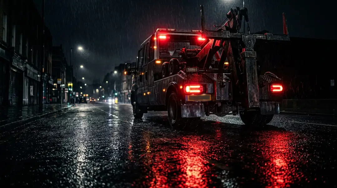 Rear view of a recovery truck with glowing red tail lights on a rain-soaked London street at night