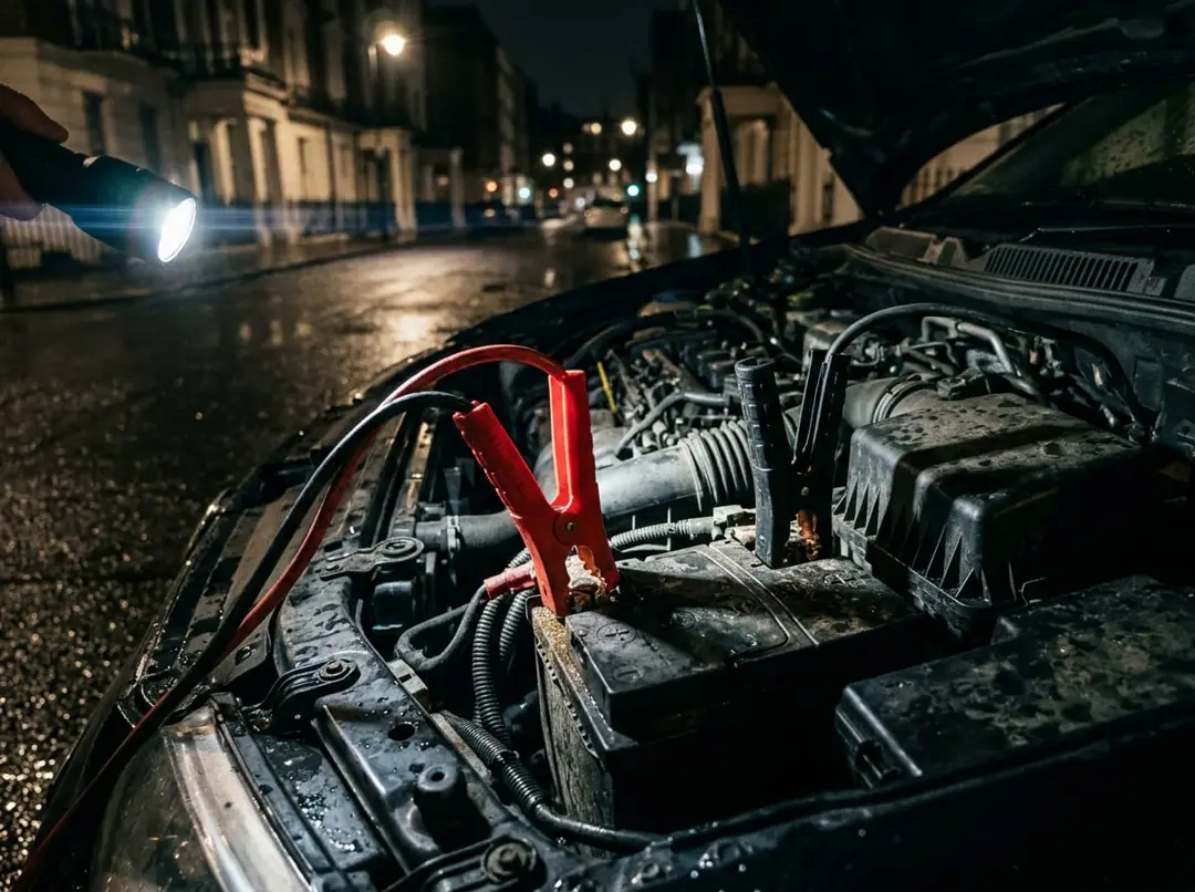 Red and black jump leads clamped to a car battery in an engine bay at night