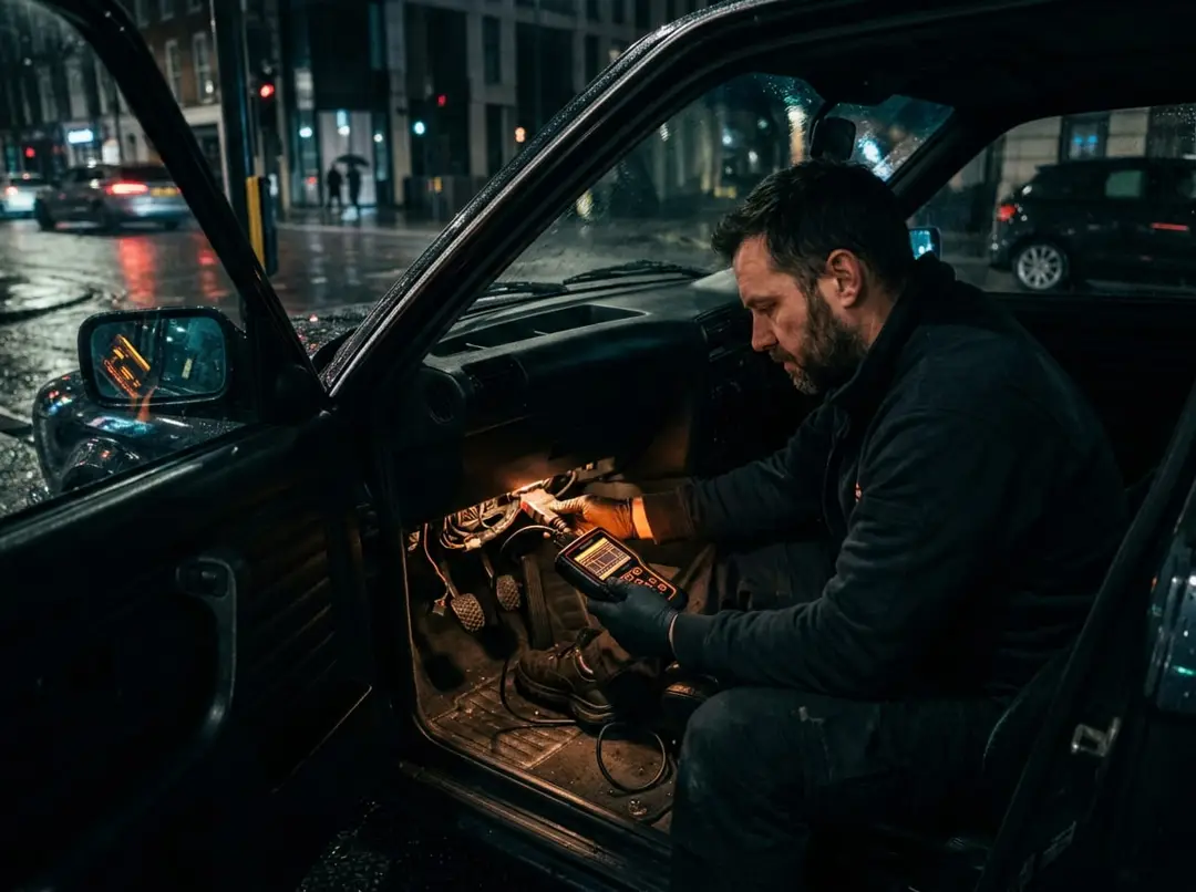 Mechanic using a diagnostic scanner connected to a car under the dashboard