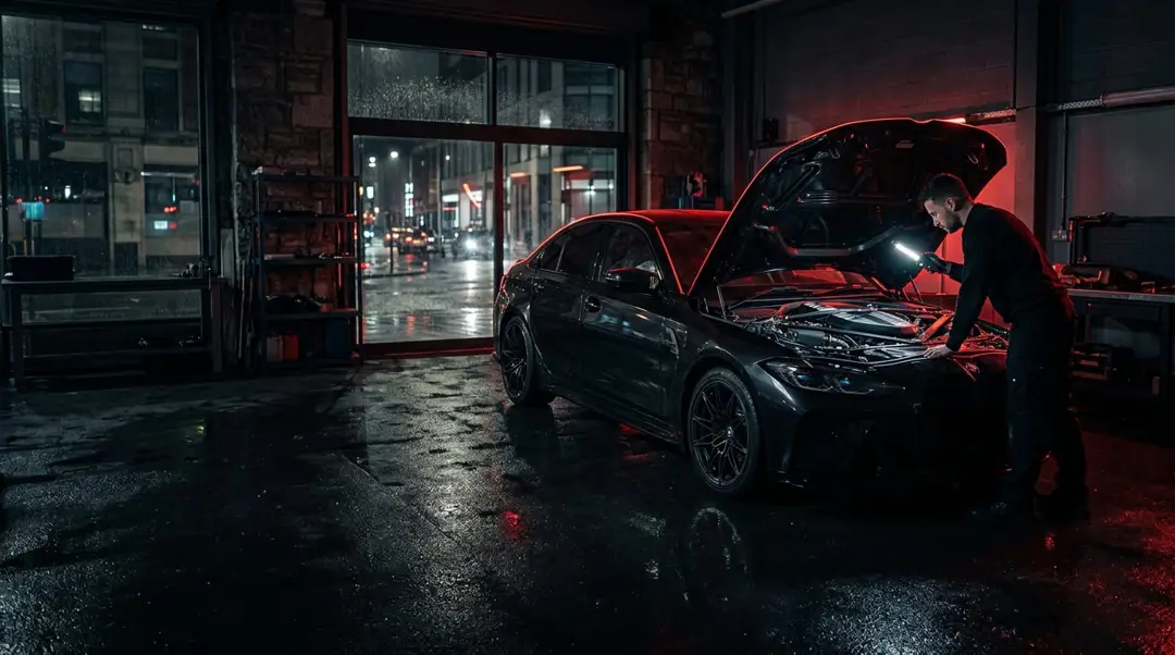 Car with its bonnet raised being inspected by a technician with a torch under red lighting