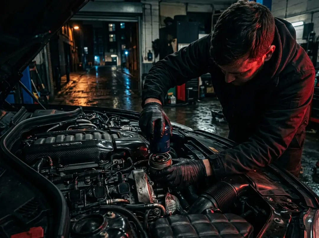 Mechanic in black gloves replacing an oil filter in a car engine bay
