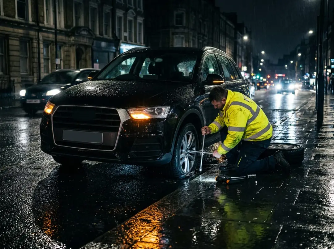 Technician kneeling beside an SUV with a wheel brace to deal with a flat tyre at night