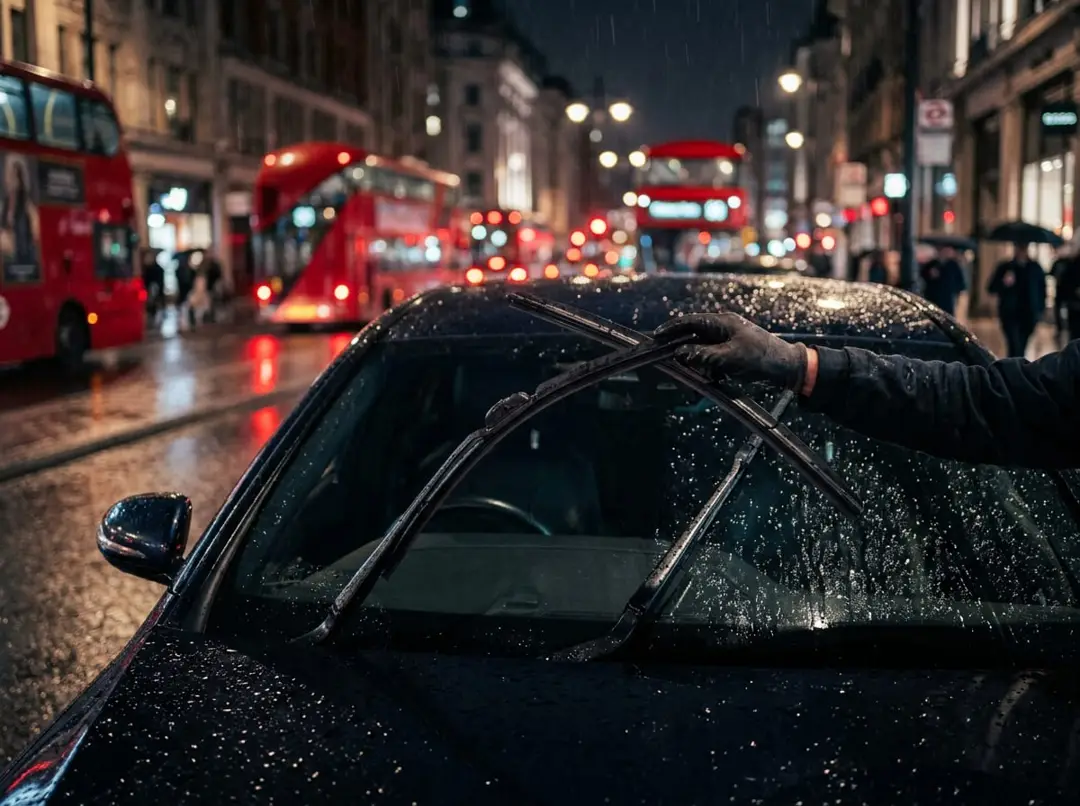 New wiper blade being fitted to a rain-covered windscreen with London buses behind