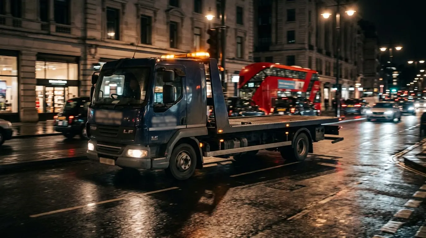 Flatbed recovery truck travelling along a wet London street at night