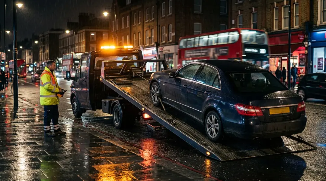 Dark saloon car being winched onto a flatbed recovery truck on a wet London street at night