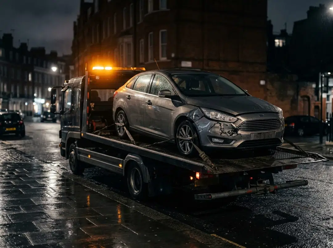 Car with front-end damage secured on the bed of a recovery truck under streetlights at night