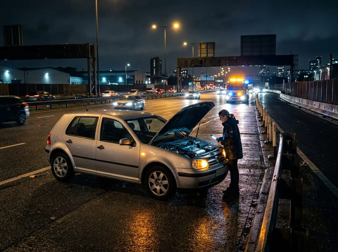 Silver hatchback stopped at the side of a London road at night with its bonnet open