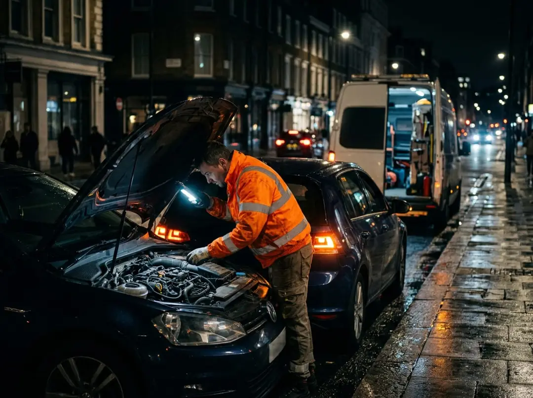 Roadside technician in a hi-vis jacket inspecting a car with a torch on a London street at night